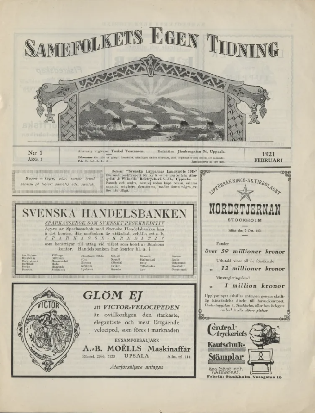 Omslag Samefolkets Egen Tidning nummer 1 1921